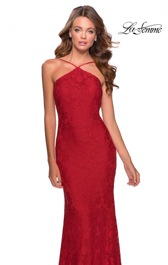Picture of: Open Back Jersey Prom Dress with High Neckline in Red, Style: 28619, Detail Picture 4
