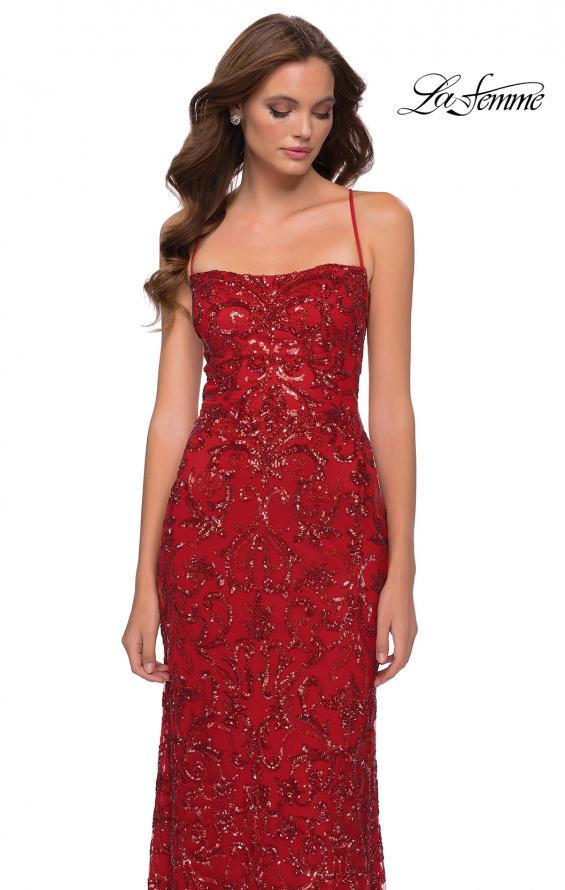 Picture of: Print Sequin Long Dress with Lace Up Back in Red, Style 29638, Detail Picture 4