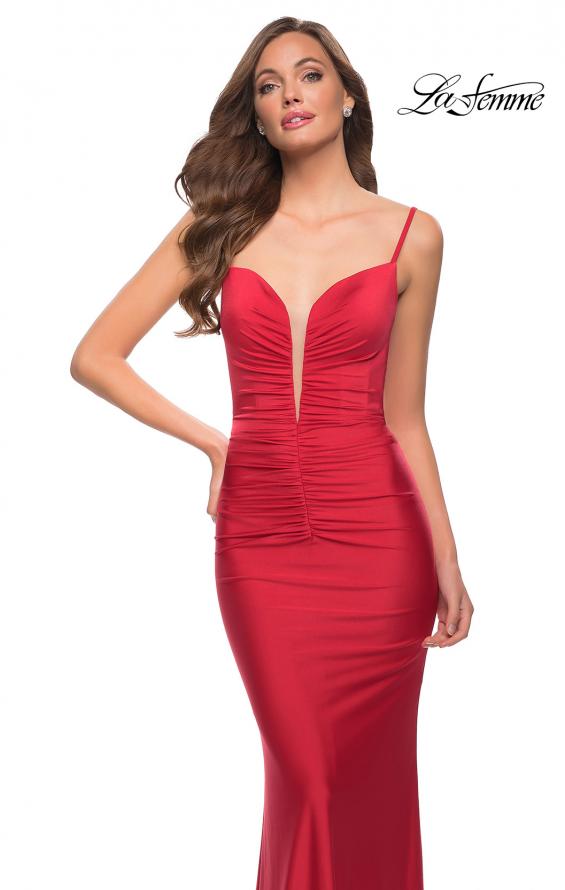 Picture of: Long Jersey Fitted Prom Dress with Front Ruching in Red, Style 29834, Detail Picture 4