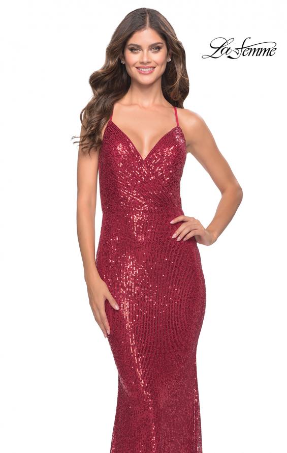 Picture of: Sequin Long Dress with V Neckline and Open Low Back in Red, Style: 31031, Detail Picture 4