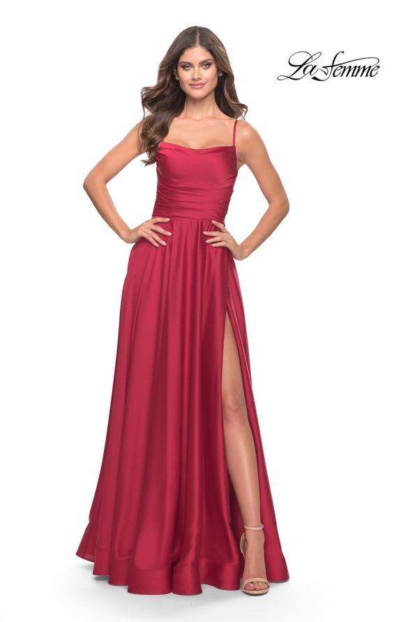 Picture of: A Line Satin Gown with Ruching and Square Neckline in Red, Style: 31105, Detail Picture 4