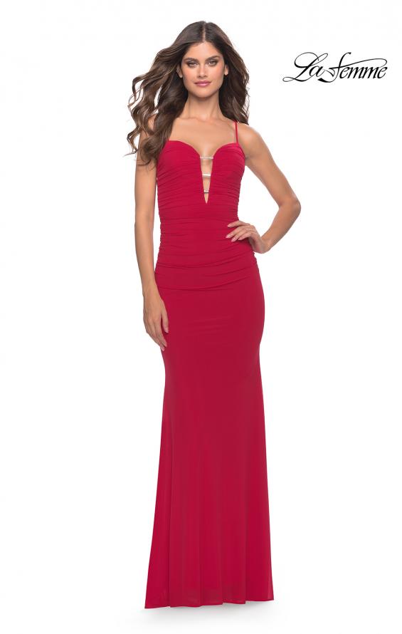 Picture of: Net Jersey Gown with Jeweled Detail in Deep V Neckline in Red, Style: 31114, Detail Picture 4