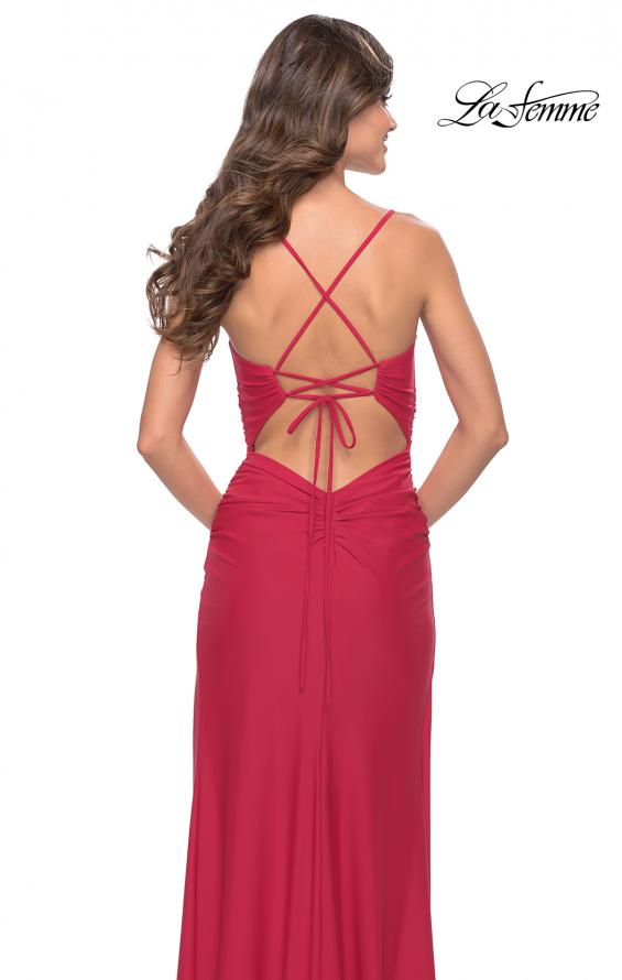 Picture of: Ruched Deep V Dress with Trendy High Slit in Red, Style: 31127, Detail Picture 4