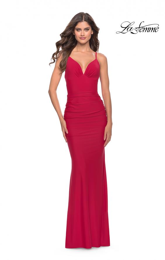 Picture of: Simple Jersey Dress with Low Open Back and Ruched Zipper in Red, Style: 31227, Detail Picture 4