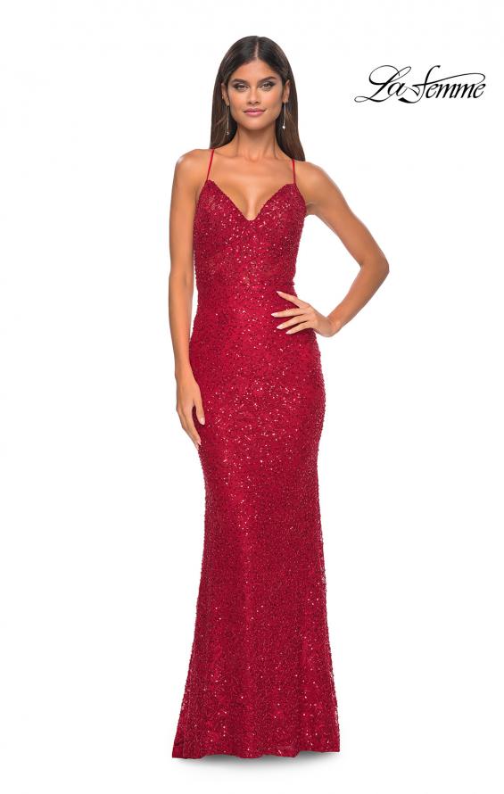 Picture of: Beaded Lace Long Dress with Illusion Bodice in Red, Style: 31359, Detail Picture 4