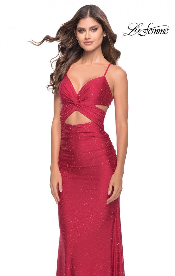 Picture of: Criss Cross Cut Out Rhinestone Jersey Dress in Red, Style: 31399, Detail Picture 4