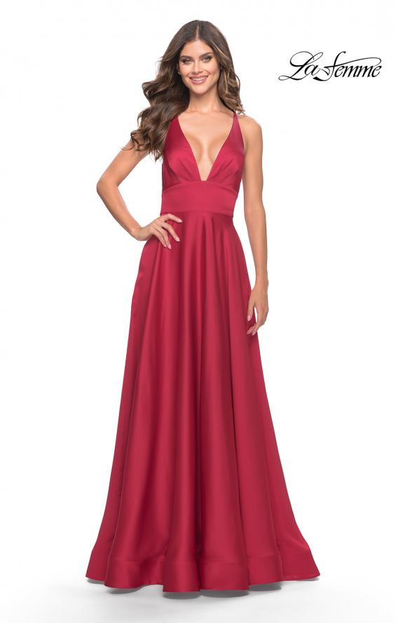 Picture of: A-Line Satin Gown with Deep V and Slit in Red, Style: 31533, Detail Picture 4