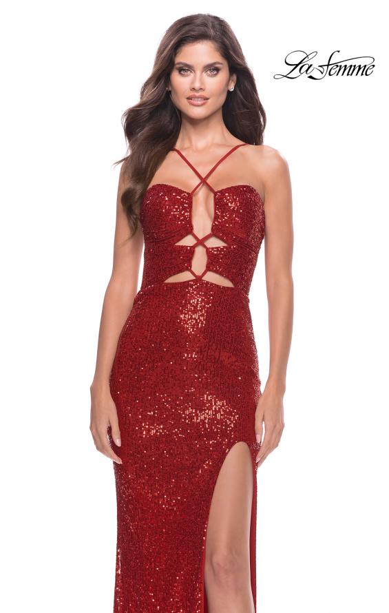 Picture of: Stretch Sequin Dress with Unique Front Cut Outs in Red, Style: 31549, Detail Picture 4