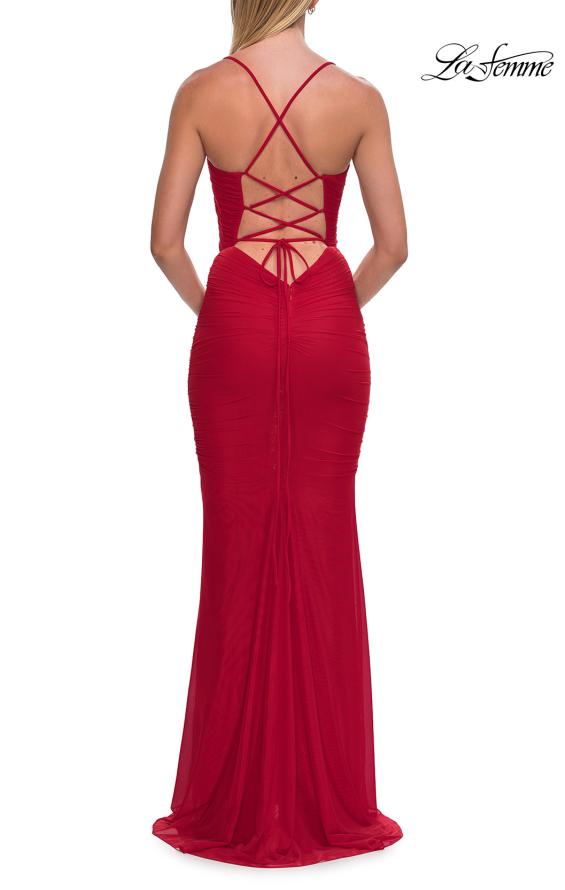 Picture of: Ruched Net Jersey Gown with Lace-Up Back and Drop Waist in Red, Style: 33638, Detail Picture 4