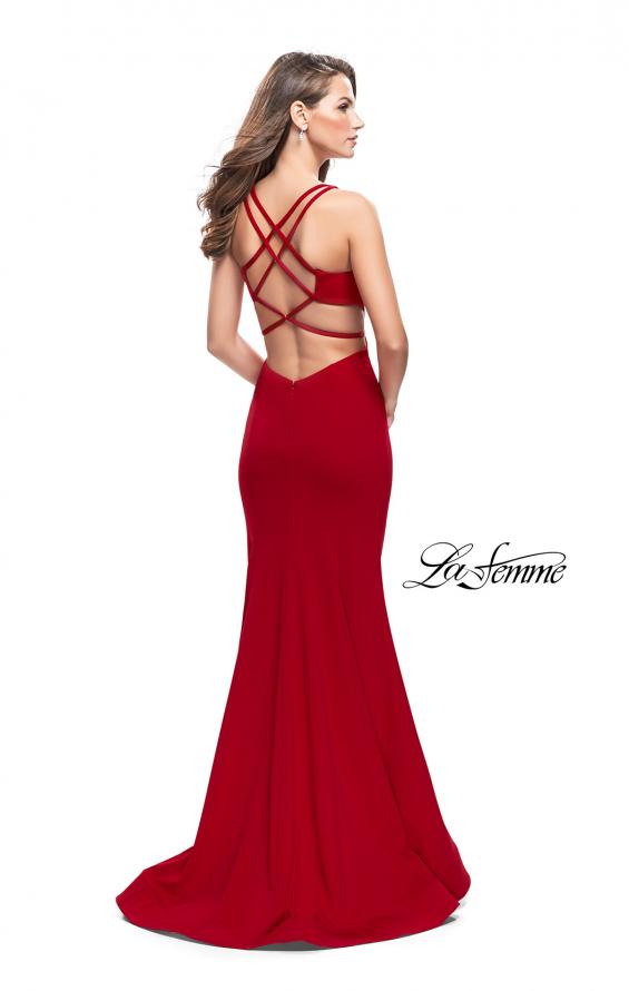 Picture of: Long Jersey Mermaid Dress with Deep V and Strappy Back in Red, Style: 25594, Detail Picture 5