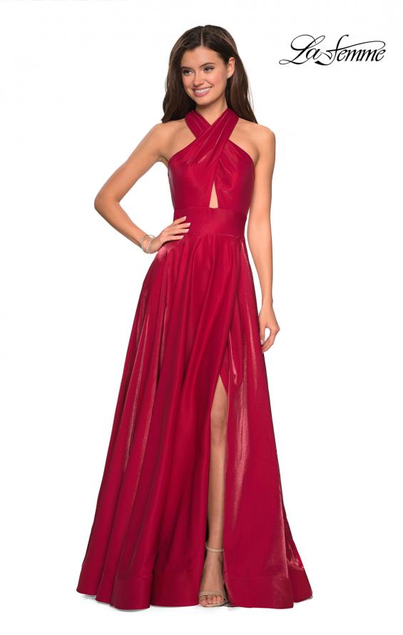 Picture of: Tone Tone Satin Dress with Wrap Around High Neckline in Red, Style: 27151, Detail Picture 5