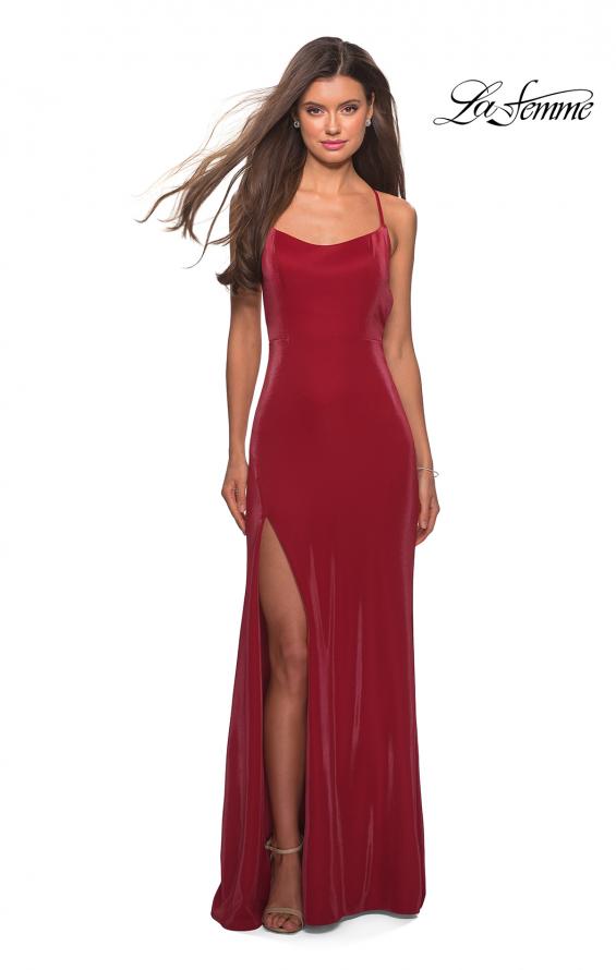 Picture of: Simple Jersey Prom Gown with Criss Cross Open Back in Red, Style: 27179, Detail Picture 5