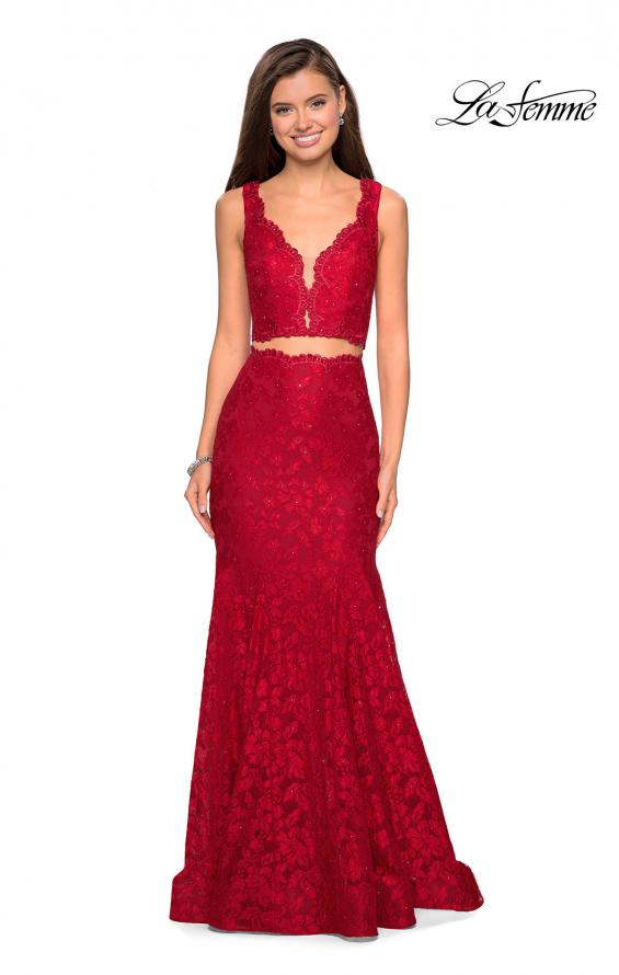 Picture of: Two Piece Lace Prom Dress with Rhinestones in Red, Style: 27302, Detail Picture 5