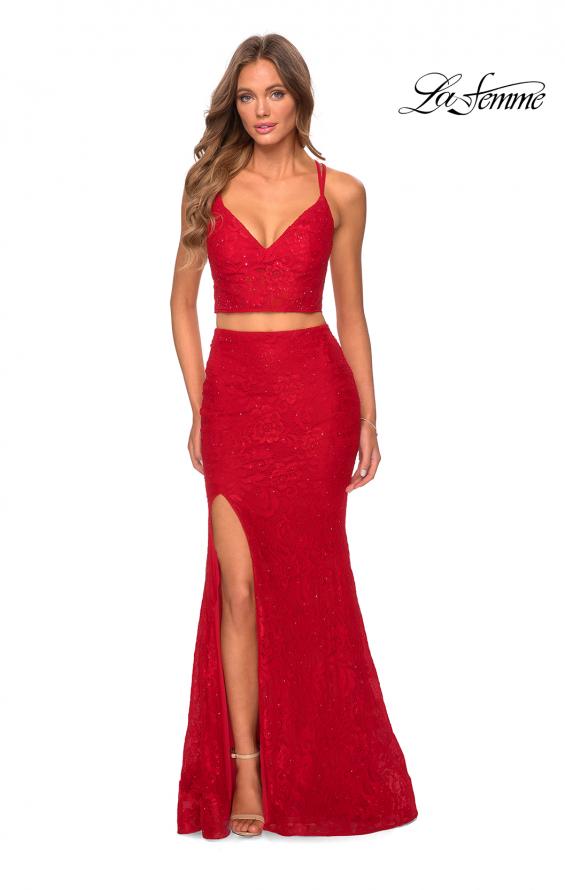 Picture of: Two Piece Lace Dress with Sheer Top and Rhinestones in Red, Style: 28590, Detail Picture 5