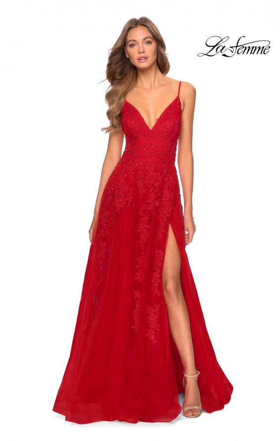 Picture of: Tulle Prom Dress with Floral Detail and Side Slit in Red, Style: 28985, Detail Picture 5