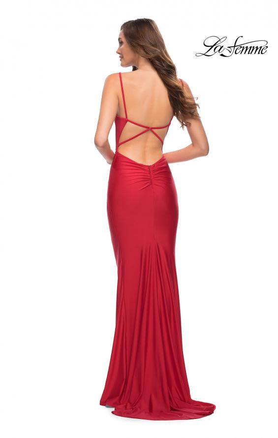 Picture of: Long Jersey Fitted Prom Dress with Front Ruching in Red, Style 29834, Detail Picture 5