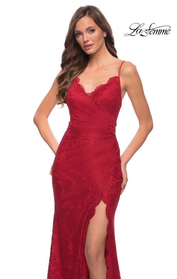 Picture of: Lace Long Dress with Scallop Detail on Skirt Slit in Red, Style 29939, Detail Picture 5