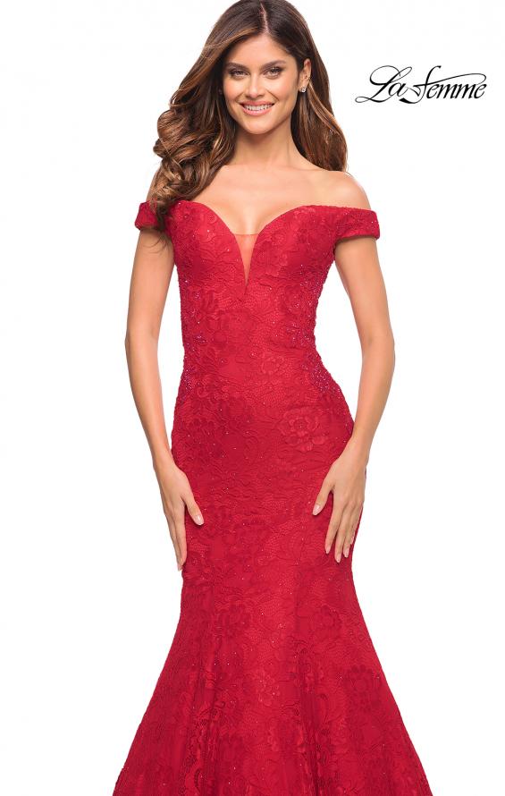 Picture of: Mermaid Lace Off the Shoulder Gown with Sheer Back in Red, Style: 30564, Detail Picture 5