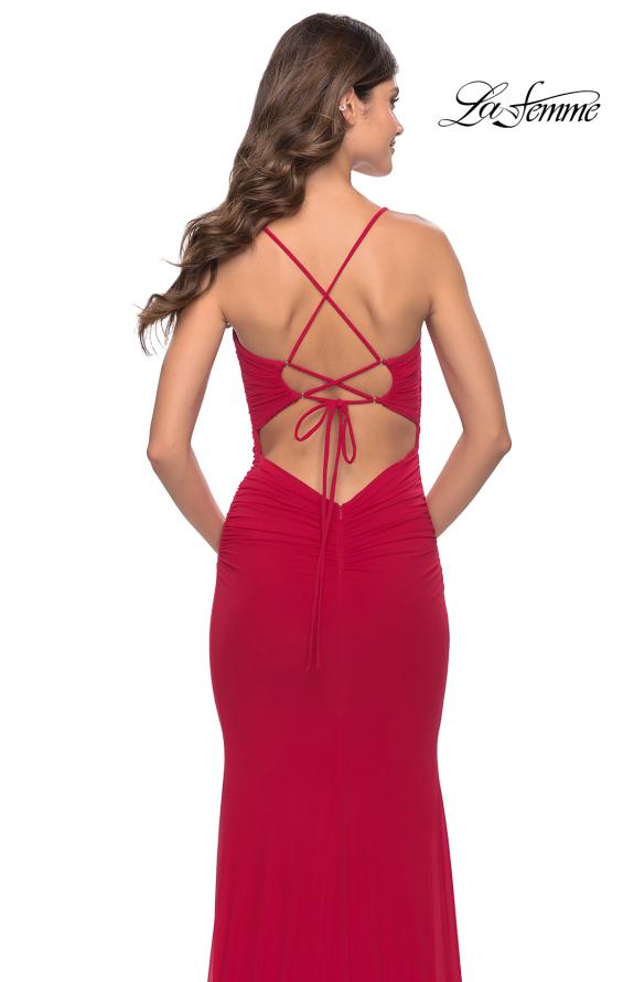 Picture of: Net Jersey Gown with Jeweled Detail in Deep V Neckline in Red, Style: 31114, Detail Picture 5