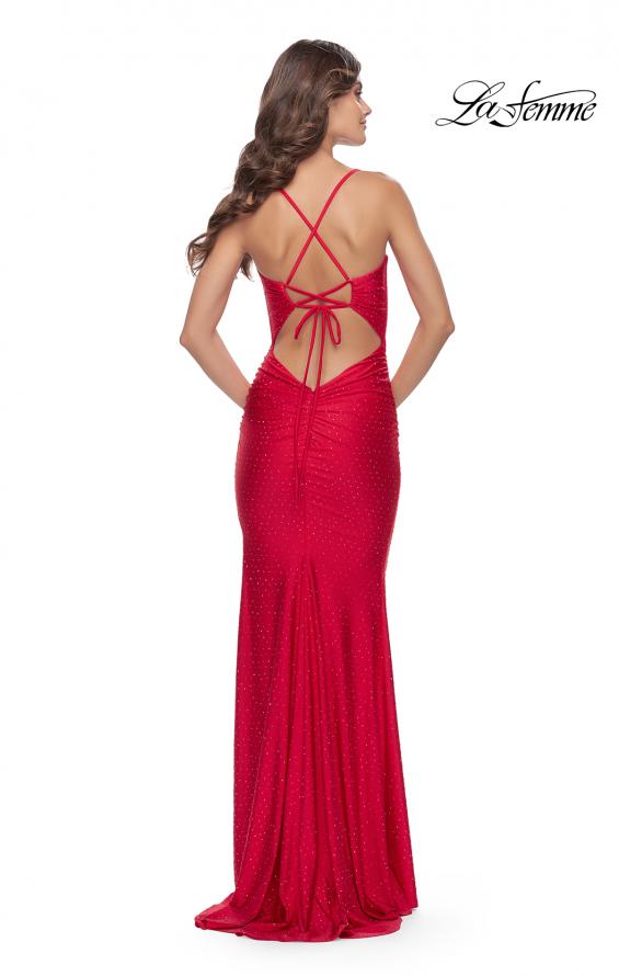 Picture of: Rhinestone Ruched Jersey Prom Dress with Lace Up Back in Red, Style: 31201, Detail Picture 5