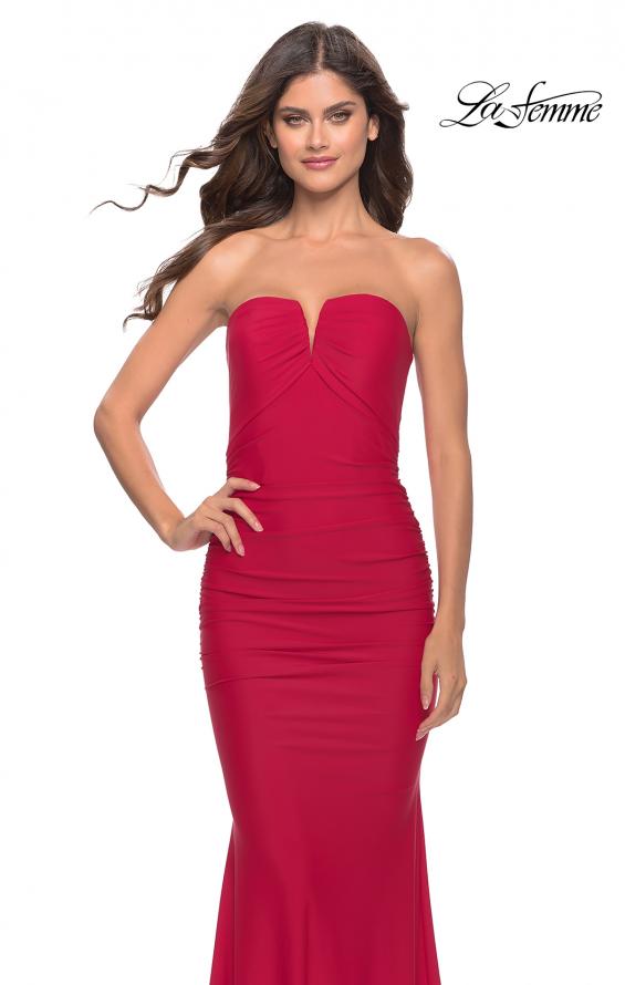 Picture of: Elegant Ruched Strapless Gown with Deep V in Red, Style: 31226, Detail Picture 5