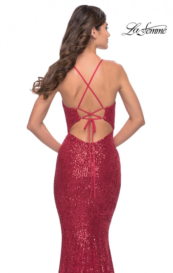Picture of: Fitted Stretch Sequin Dress with Open Back and Defined Cups in Red, Style: 31291, Detail Picture 5