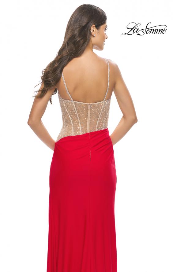 Picture of: Prom Dress with Rhinestone Sheer Bodice and Asymmetrical Skirt in Red, Style: 31537, Detail Picture 5