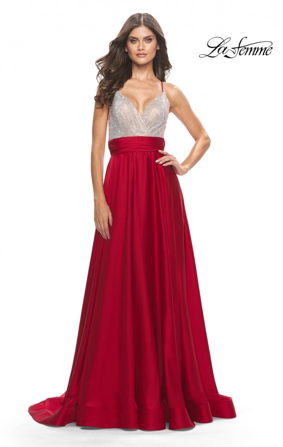 Picture of: Satin Gown with Sheer Rhinestone Bodice in Red, Style: 31592, Detail Picture 5