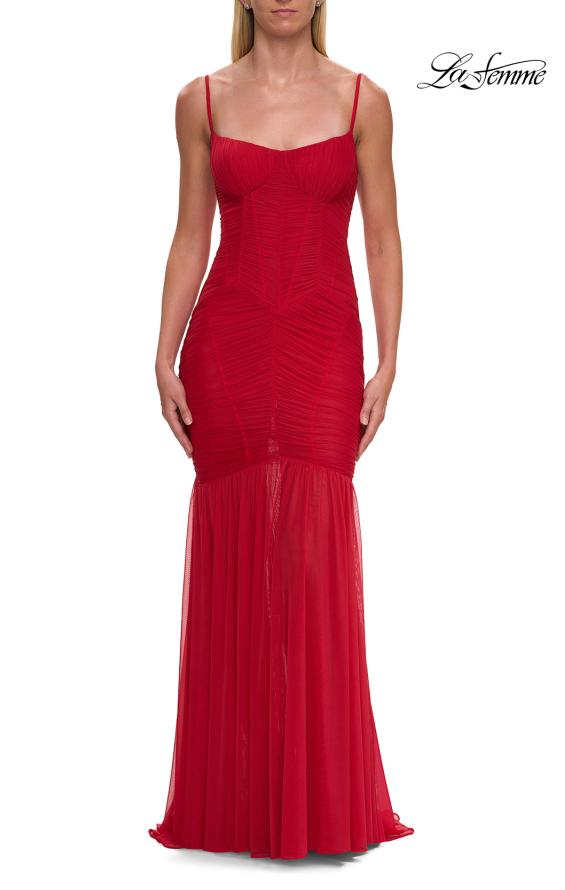 Picture of: Ruched Mesh Fitted Gown with Sheer Flared Hem in Red, Style: 33437, Detail Picture 5