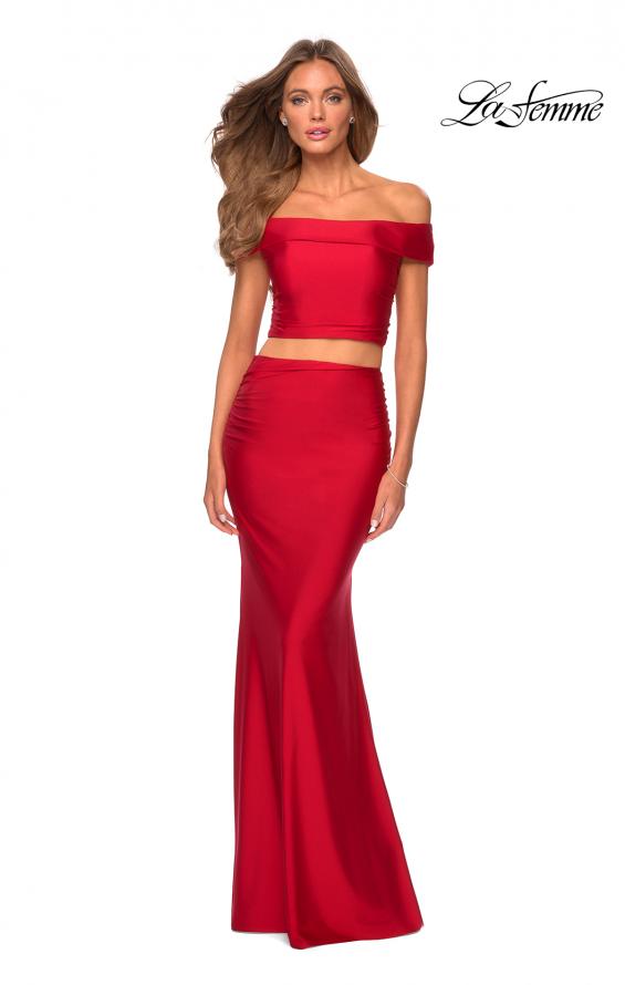 Picture of: Two Piece Neon Off the Shoulder Jersey Prom Dress in Red, Style: 28578, Detail Picture 6