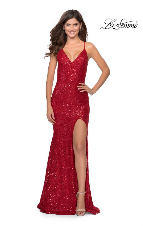 Picture of: Long Stretch Lace Prom Dress with Plunging Neckline in Red, Style: 28640, Detail Picture 6