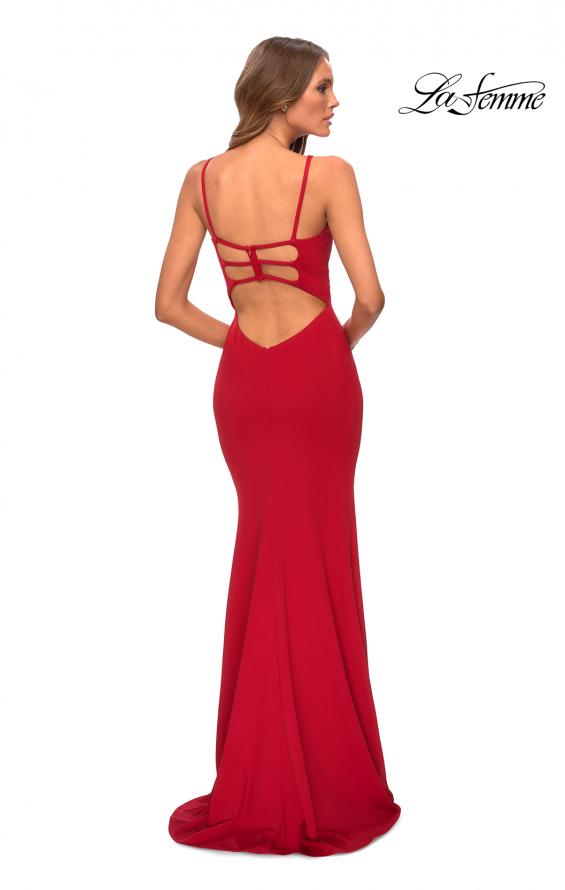 Picture of: Jersey Prom Gown with Lace Up Back and Slit in Red, Style: 28653, Detail Picture 6