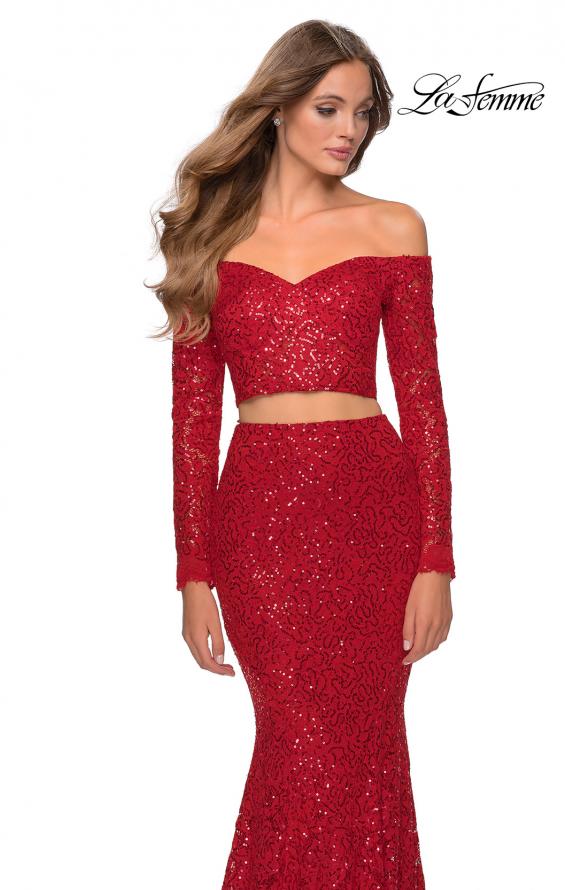 Picture of: Lace Sleeve Lace and Sequin Two Piece Prom Dress in Red, Style: 28666, Detail Picture 6