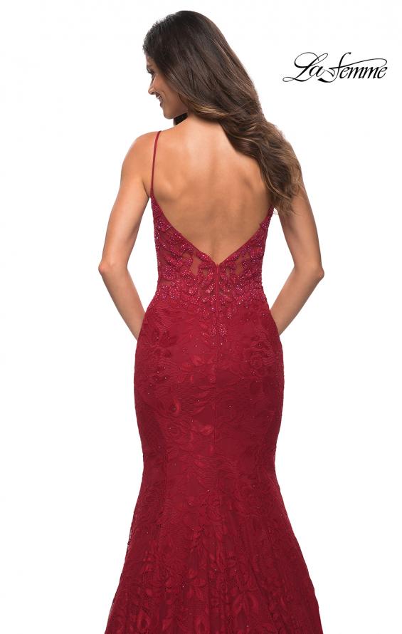 Picture of: Mermaid Lace Prom Dress with Sheer Jeweled Bodice in Red, Detail Picture 6