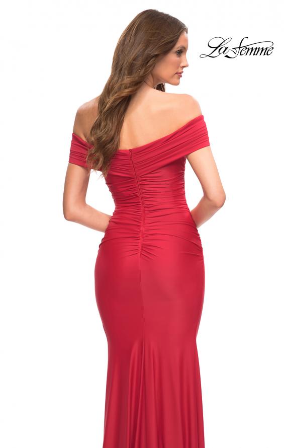 Picture of: Ruched Off the Shoulder Gown with V Neckline in Red, Detail Picture 6