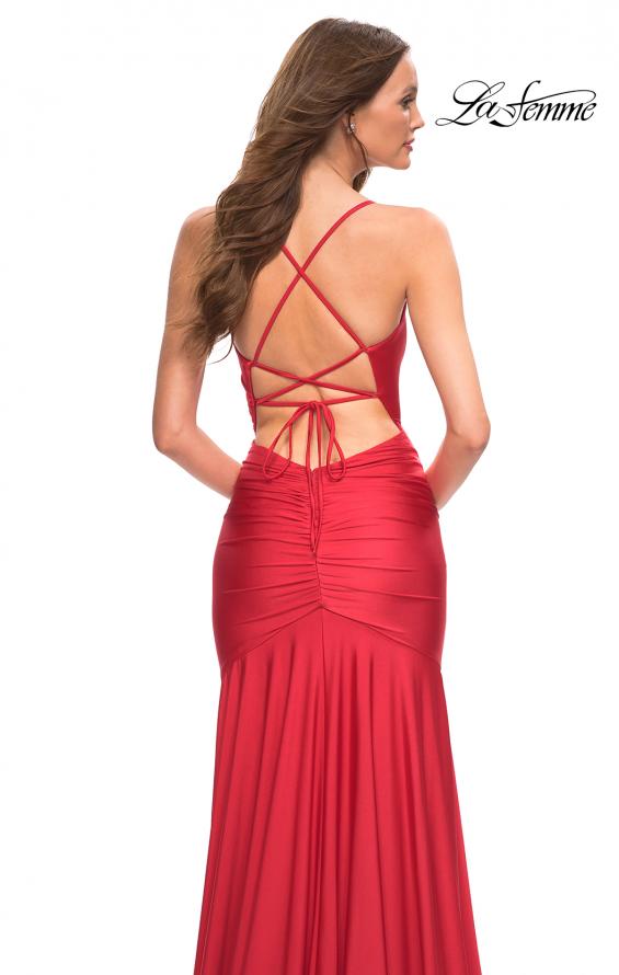 Picture of: Long Jersey Ruched Gown with Dramatic Skirt in Red, Detail Picture 6