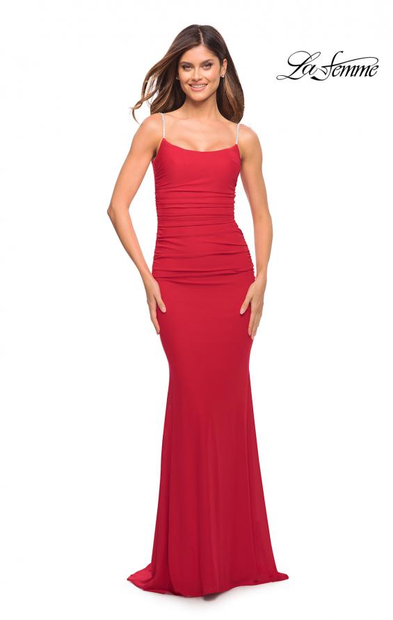 Picture of: Net Jersey Long Dress with Ruching and Diamond Straps in Red, Style: 30701, Detail Picture 6