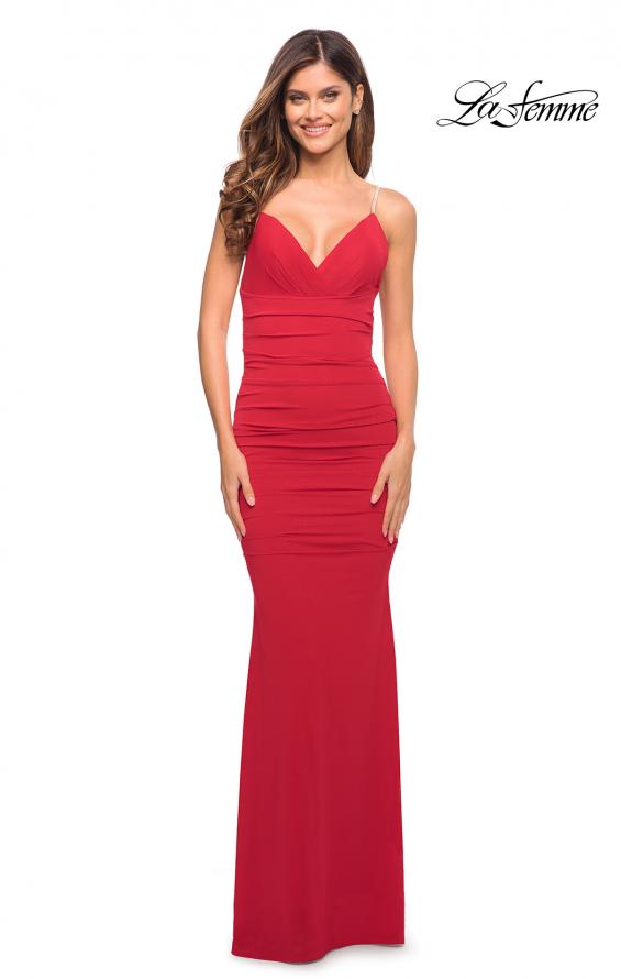 Picture of: Rhinestone Strap Net Jersey Dress with Ruching in Red, Style: 30793, Detail Picture 6