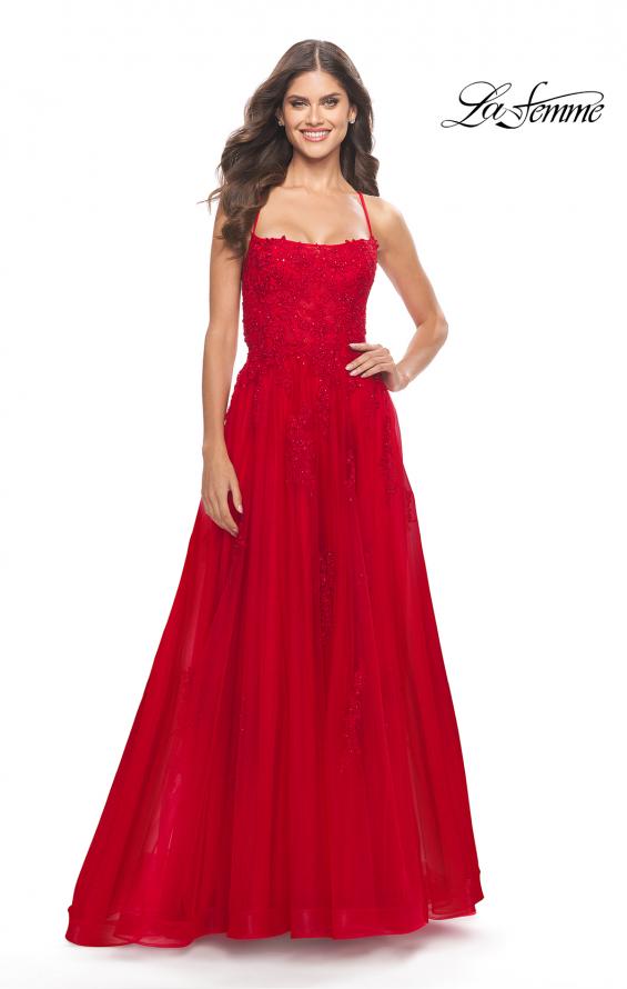 Picture of: A-line Tulle Gown with Floral Embroidery and Pockets in Red, Style: 31135, Detail Picture 6