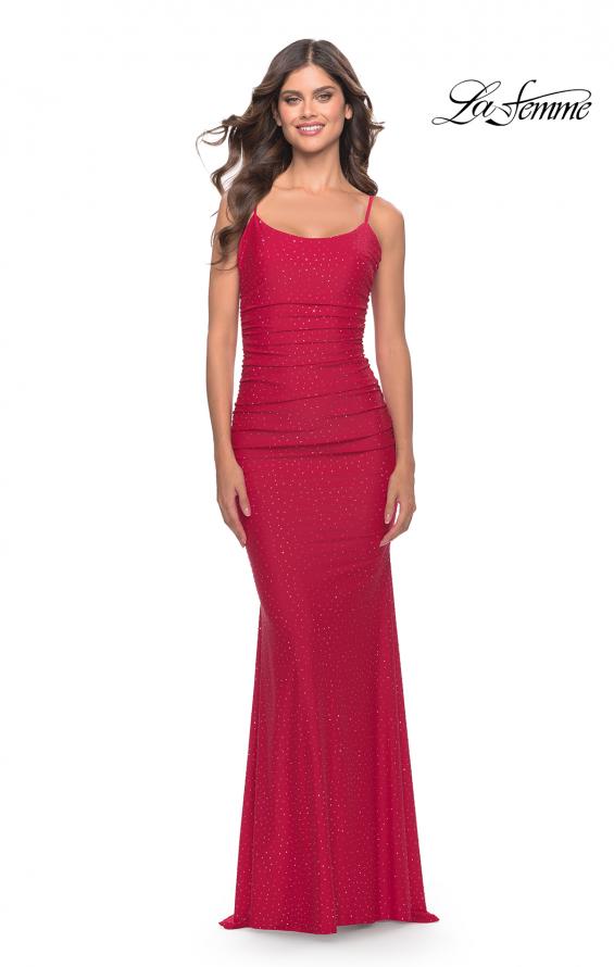Picture of: Jeweled Modified Scoop Neck Jersey Dress with Open Back in Red, Style: 31218, Detail Picture 6