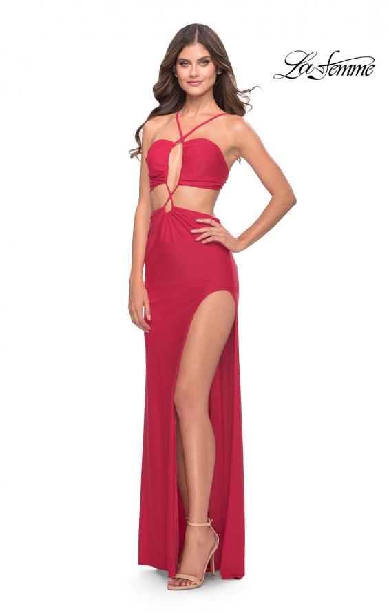 Picture of: Unique Jersey Gown with Front Cut Outs and Criss Cross Straps in Red, Style: 31293, Detail Picture 6
