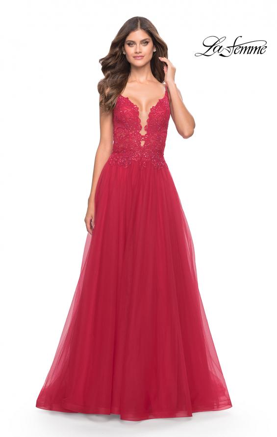 Picture of: A Line Tulle Gown with Lace Bodice and V Back in Red, Style: 31507, Detail Picture 6