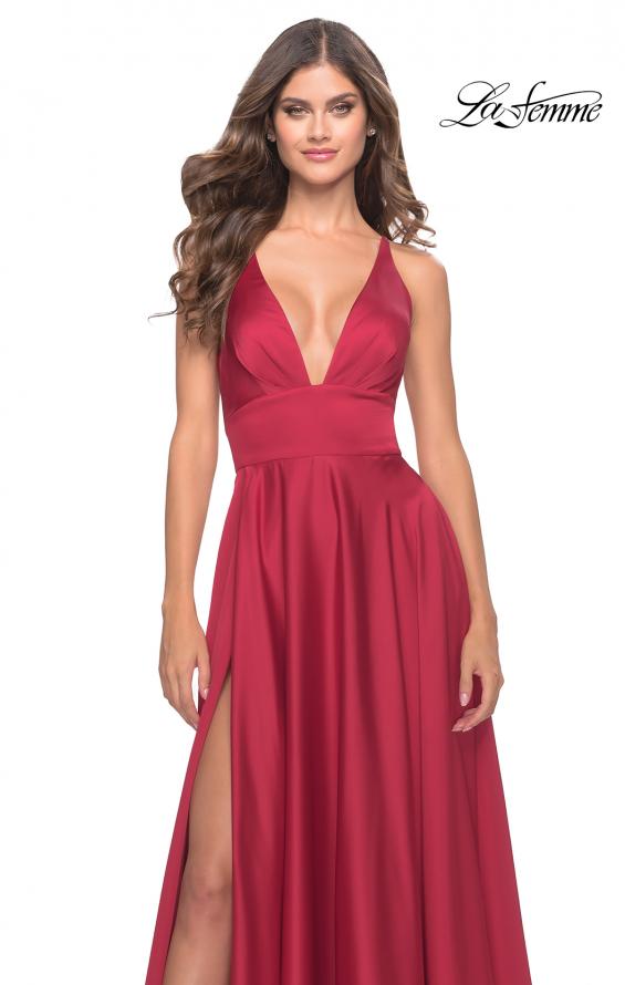 Picture of: A-Line Satin Gown with Deep V and Slit in Red, Style: 31533, Detail Picture 6