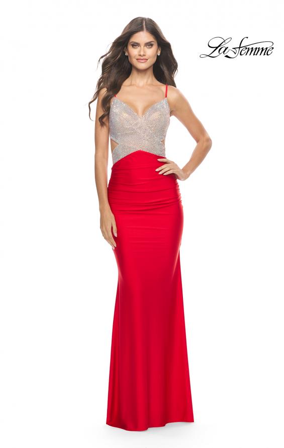 Picture of: Ruched Gown with Rhinestone Bodice and Side Cut Outs in Red, Style: 31606, Detail Picture 6