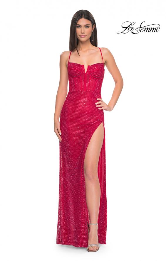 Picture of: Fishnet Rhinestone Prom Dress with Bustier Top and High Slit in Red, Style: 32210, Detail Picture 6