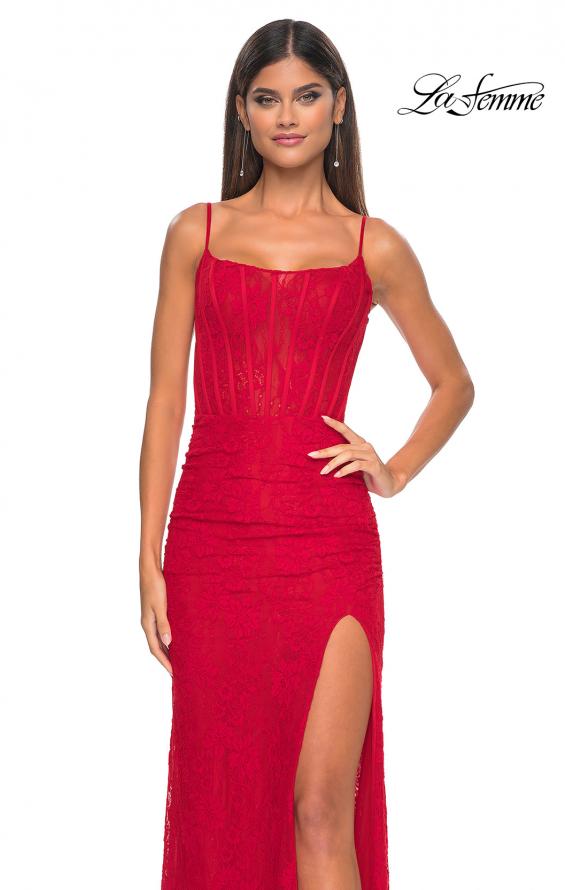 Picture of: Stretch Lace Gown with Boning Detail and Lace Up Back in Red, Style: 32237, Detail Picture 6