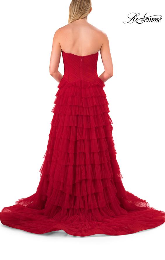 Picture of: Strapless Tiered Ruffle Gown with Pleated Bodice and Front Slit in Red, Style: 33202, Detail Picture 6