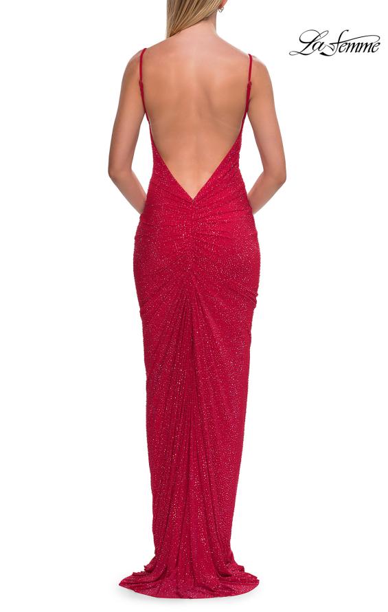 Red Picture of: Rhinestone Cowl Neck Gown with Open Back and Ruching in Red, Style: 33302, Detail Picture 6