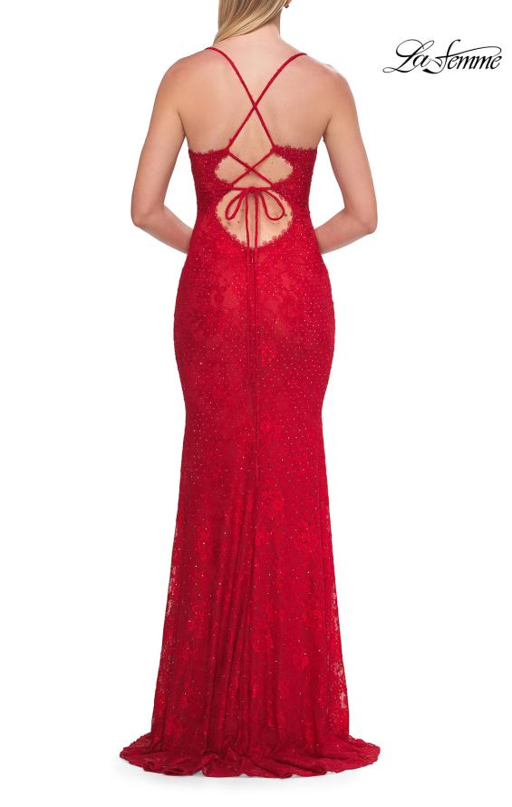 Picture of: Lace Fitted Gown with Crisscross Back and Rhinestones in Red, Style: 33514, Detail Picture 6