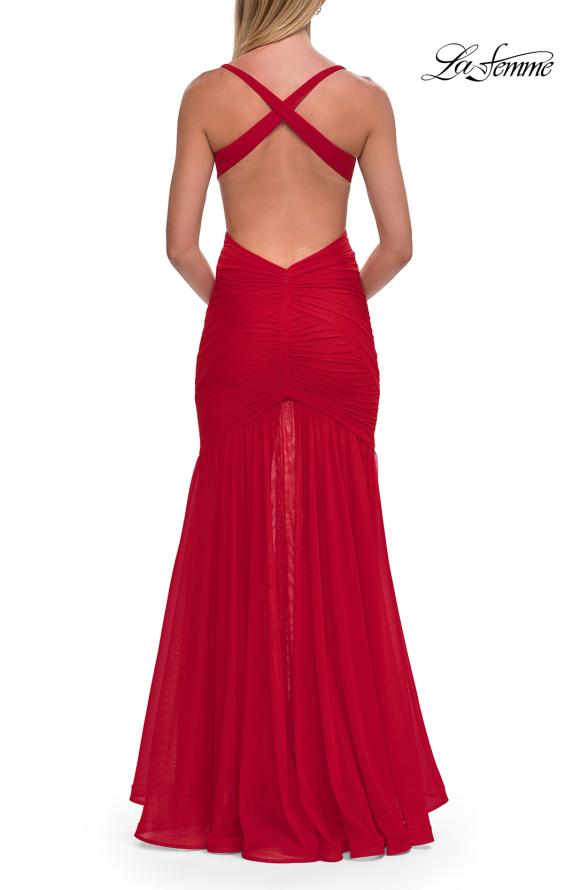 Picture of: Ruched Mesh Gown with Cutout Back in Red, Style: 33626, Detail Picture 6